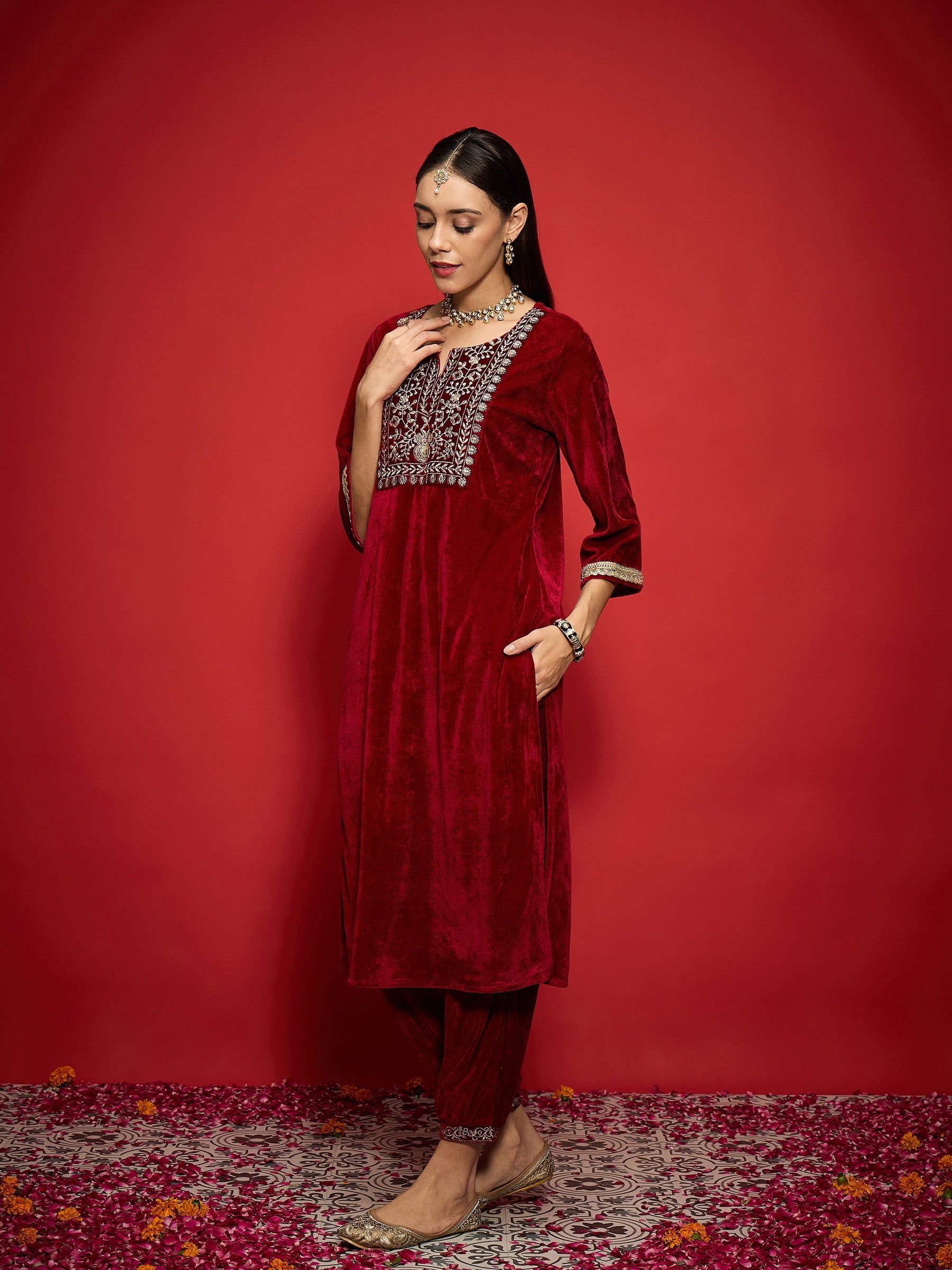 Maroon Velvet Front Emb Kurta With Afghani Pants-Shae by SASSAFRAS