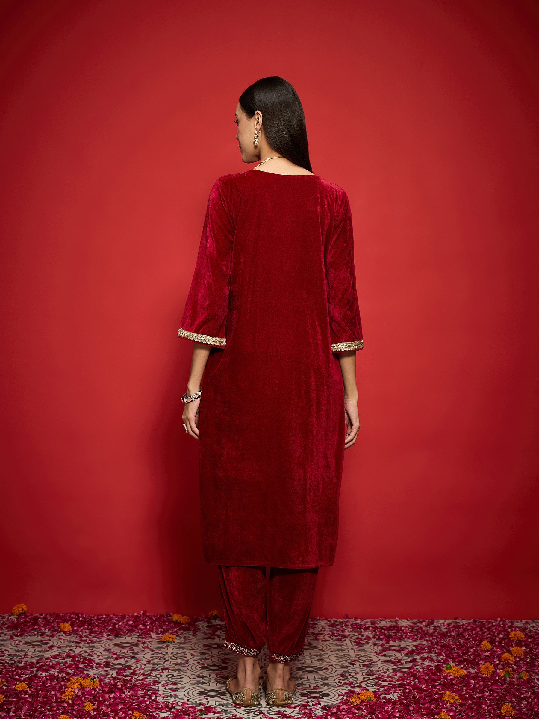 Maroon Velvet Front Emb Kurta With Afghani Pants-Shae by SASSAFRAS