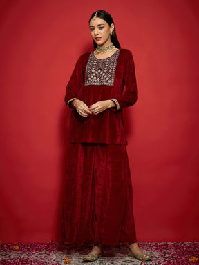 Maroon Velvet Front Emb Short Kurta With Palazzos-Shae by SASSAFRAS