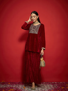 Maroon Velvet Front Emb Short Kurta With Palazzos-Shae by SASSAFRAS