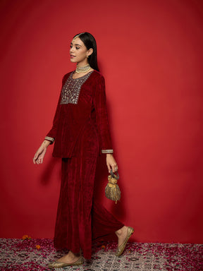 Maroon Velvet Front Emb Short Kurta With Palazzos-Shae by SASSAFRAS