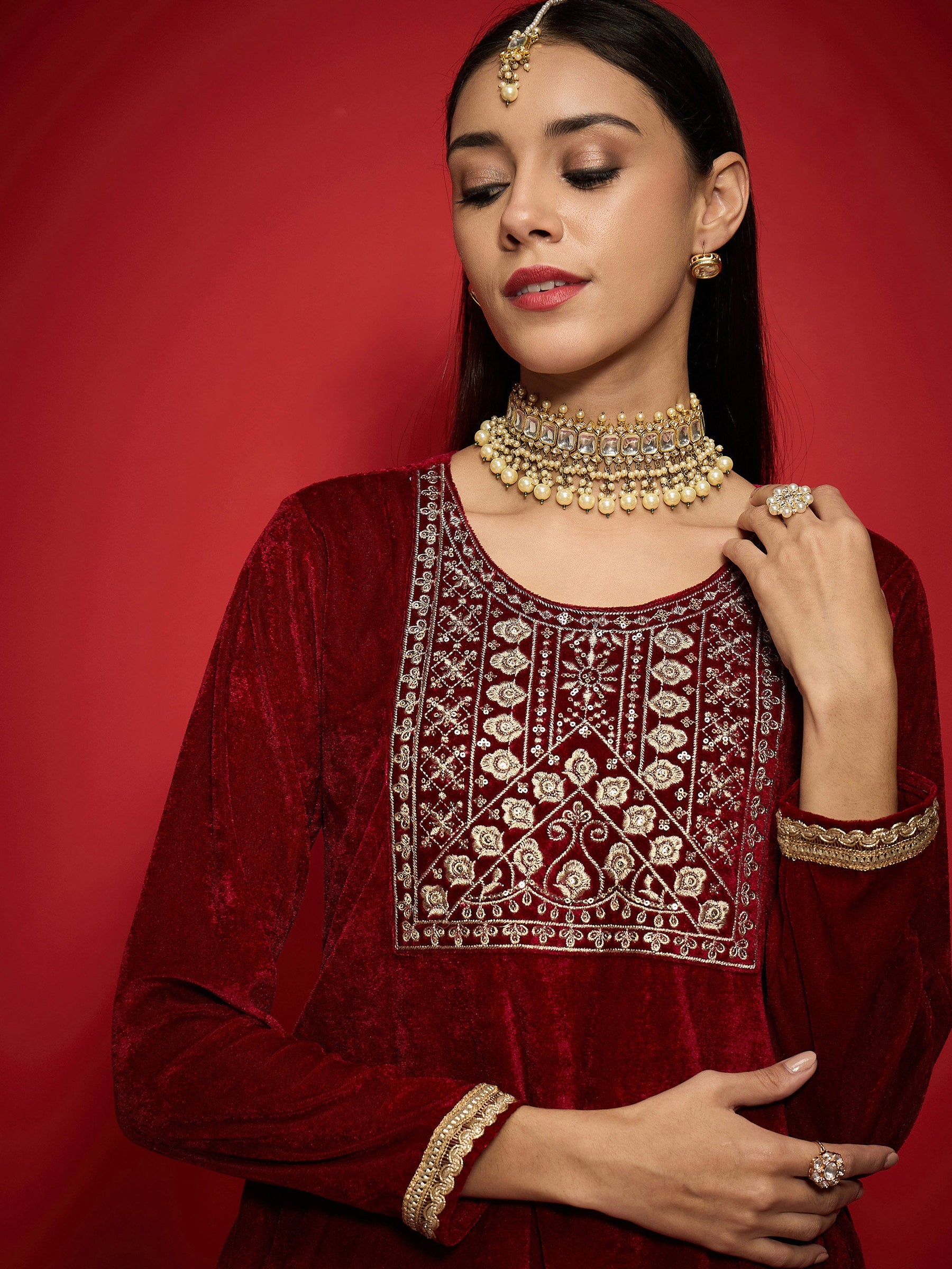 Maroon Velvet Front Emb Short Kurta With Palazzos-Shae by SASSAFRAS