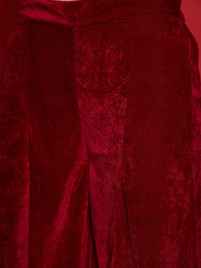 Maroon Velvet Front Emb Short Kurta With Palazzos-Shae by SASSAFRAS