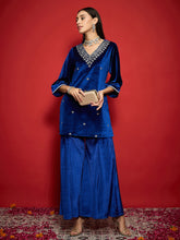 Royal Blue Velvet Emb V-Neck Short Kurta With Palazzos-Shae by SASSAFRAS