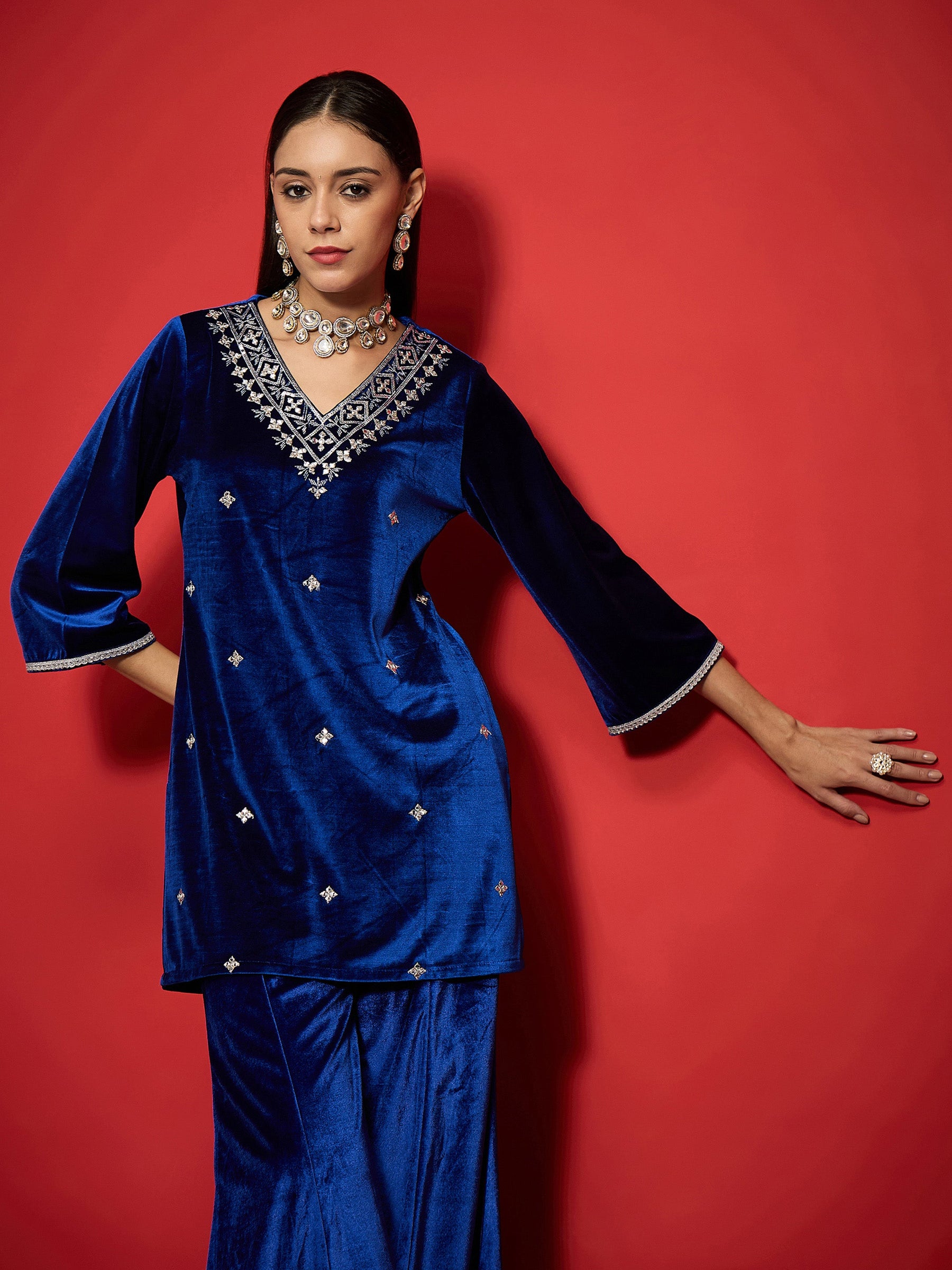 Royal Blue Velvet Emb V-Neck Short Kurta With Palazzos-Shae by SASSAFRAS