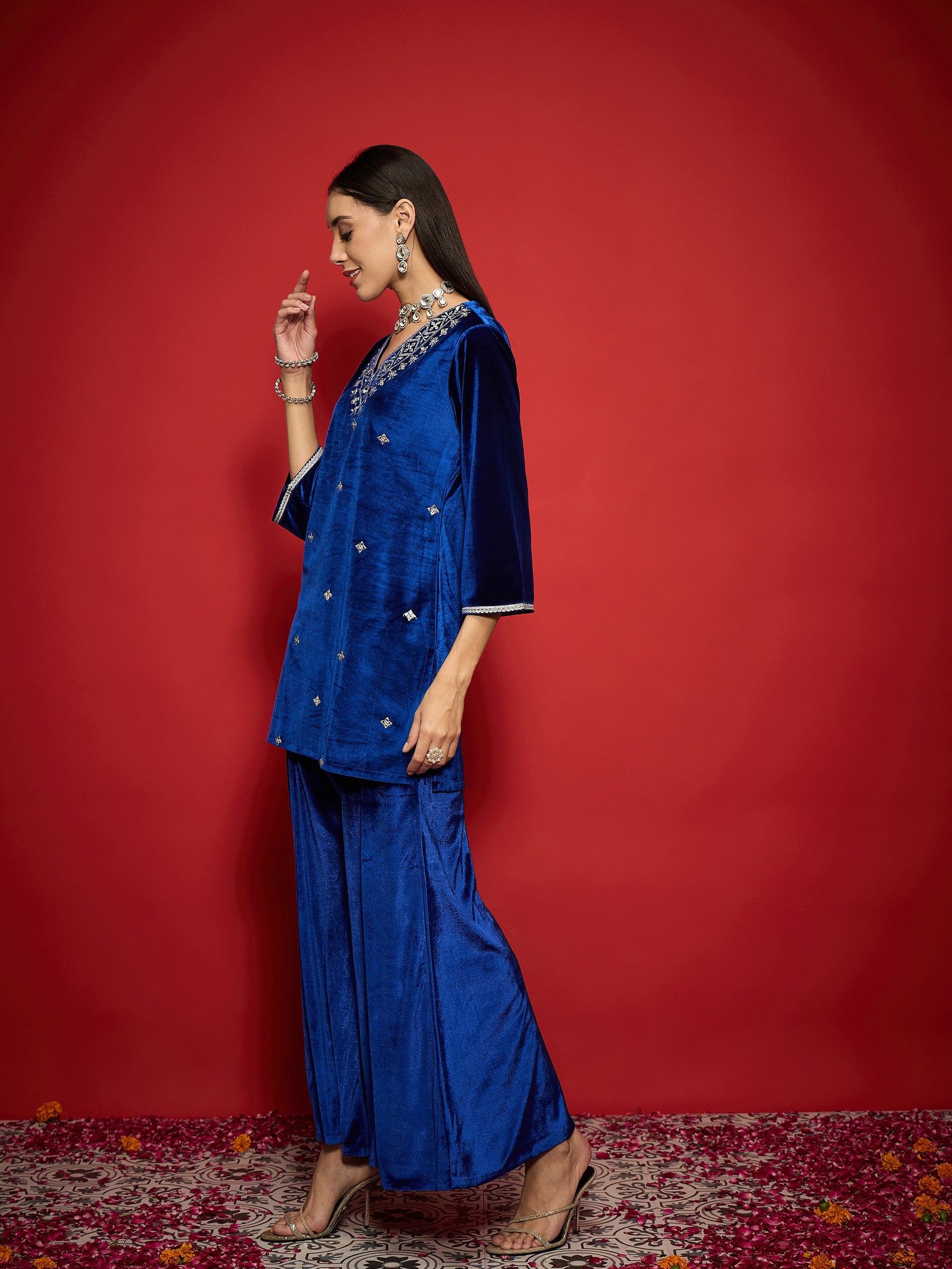 Royal Blue Velvet Emb V-Neck Short Kurta With Palazzos-Shae by SASSAFRAS