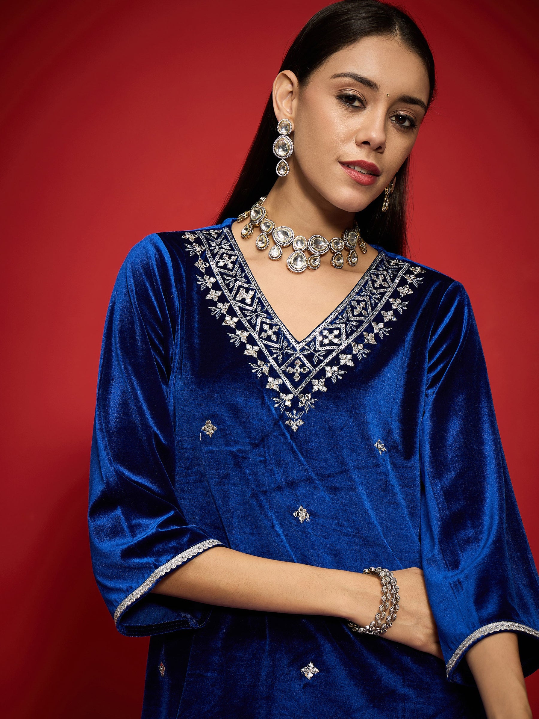 Royal Blue Velvet Emb V-Neck Short Kurta With Palazzos-Shae by SASSAFRAS