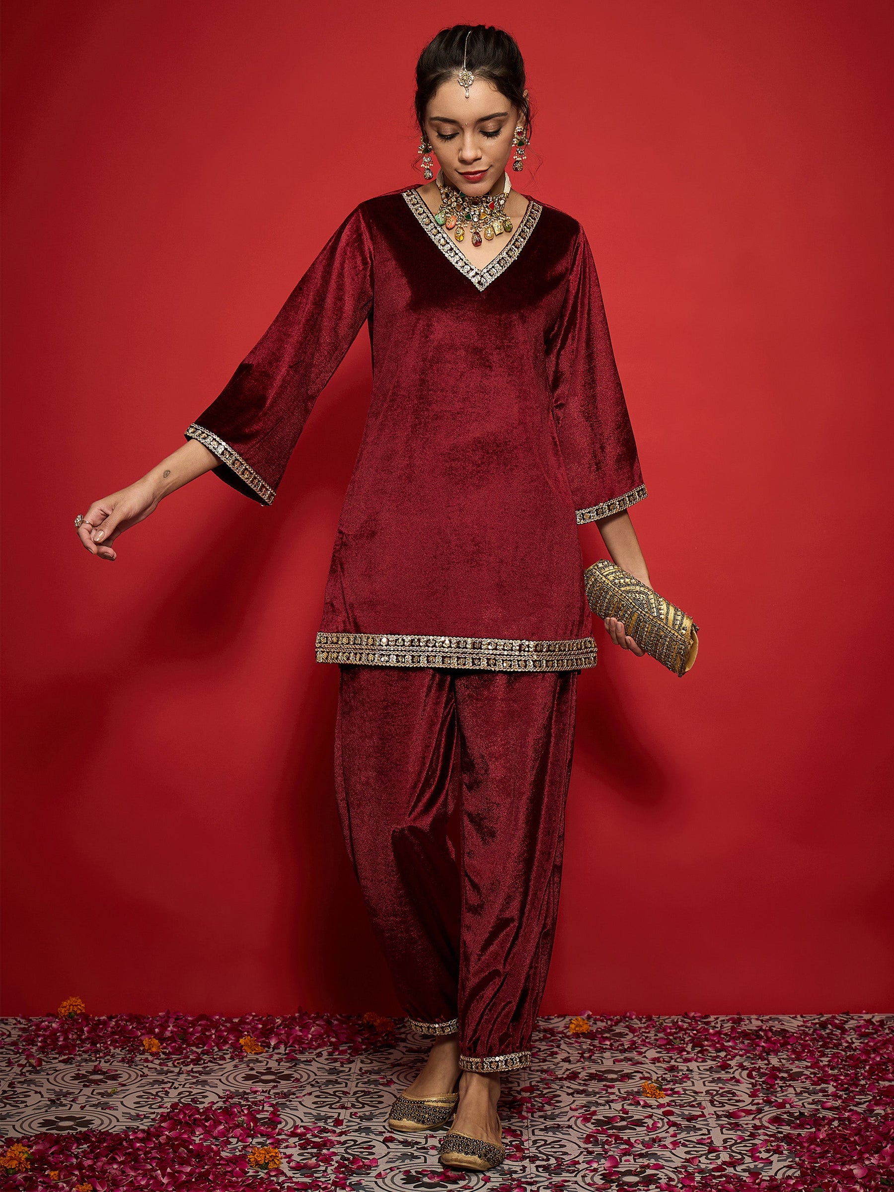 Maroon Velvet Emb V-Neck Short Kurta With Afghani Pants-Shae by SASSAFRAS