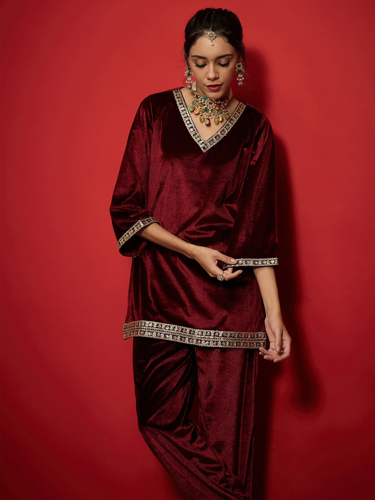 Maroon Velvet Emb V-Neck Short Kurta With Afghani Pants-Shae by SASSAFRAS