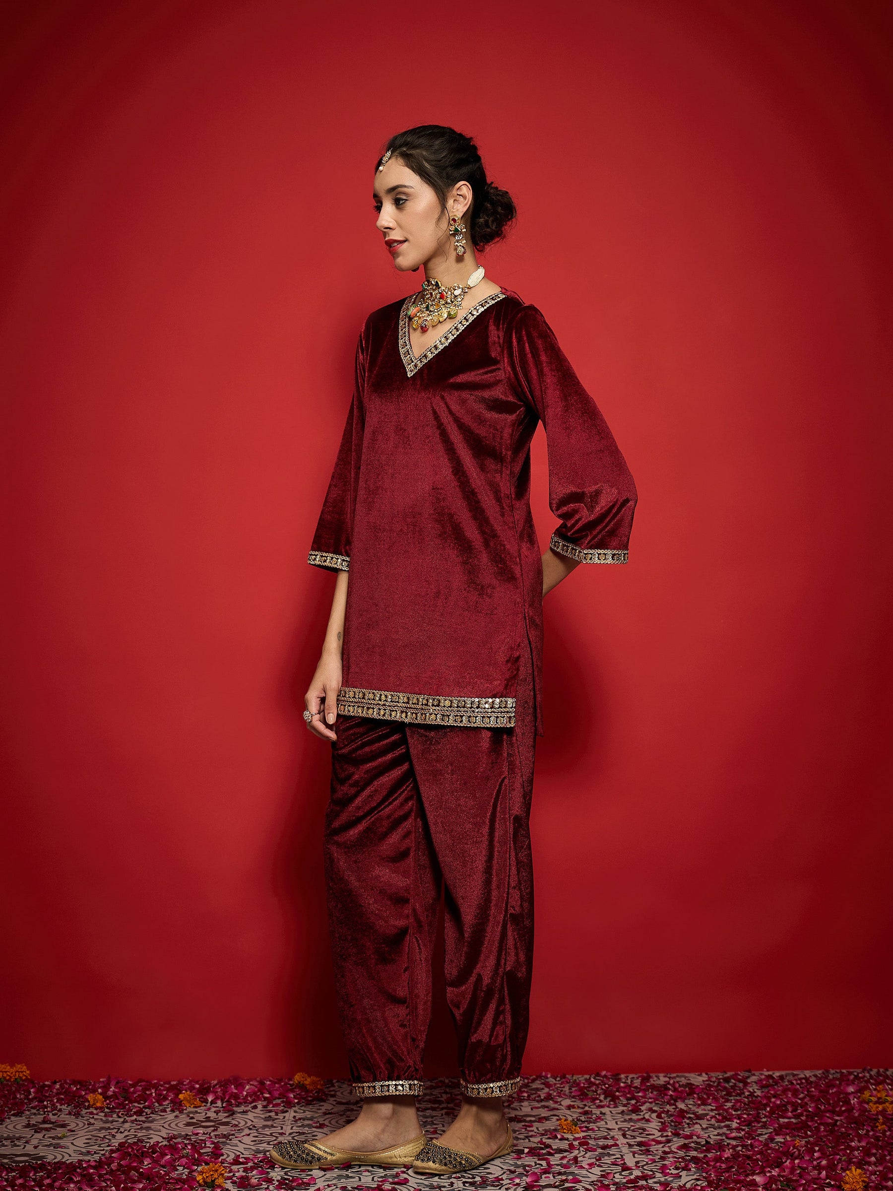 Maroon Velvet Emb V-Neck Short Kurta With Afghani Pants-Shae by SASSAFRAS