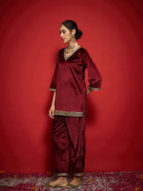 Maroon Velvet Emb V-Neck Short Kurta With Afghani Pants-Shae by SASSAFRAS