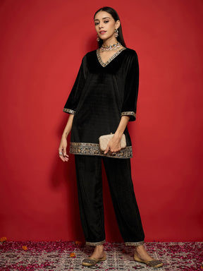 Black Velvet Emb V-Neck Short Kurta With Straight Pants-Shae by SASSAFRAS