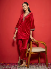 Red Velvet Emb V-Neck Short Kurta with Straight Pants-Shae by SASSAFRAS