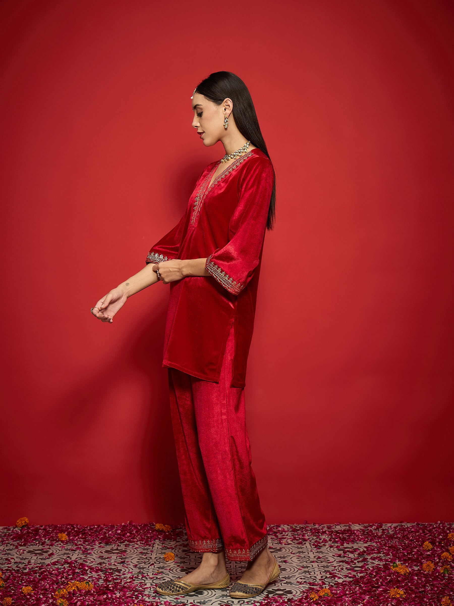 Red Velvet Emb V-Neck Short Kurta with Straight Pants-Shae by SASSAFRAS