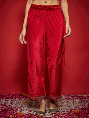 Red Velvet Emb V-Neck Short Kurta with Straight Pants-Shae by SASSAFRAS