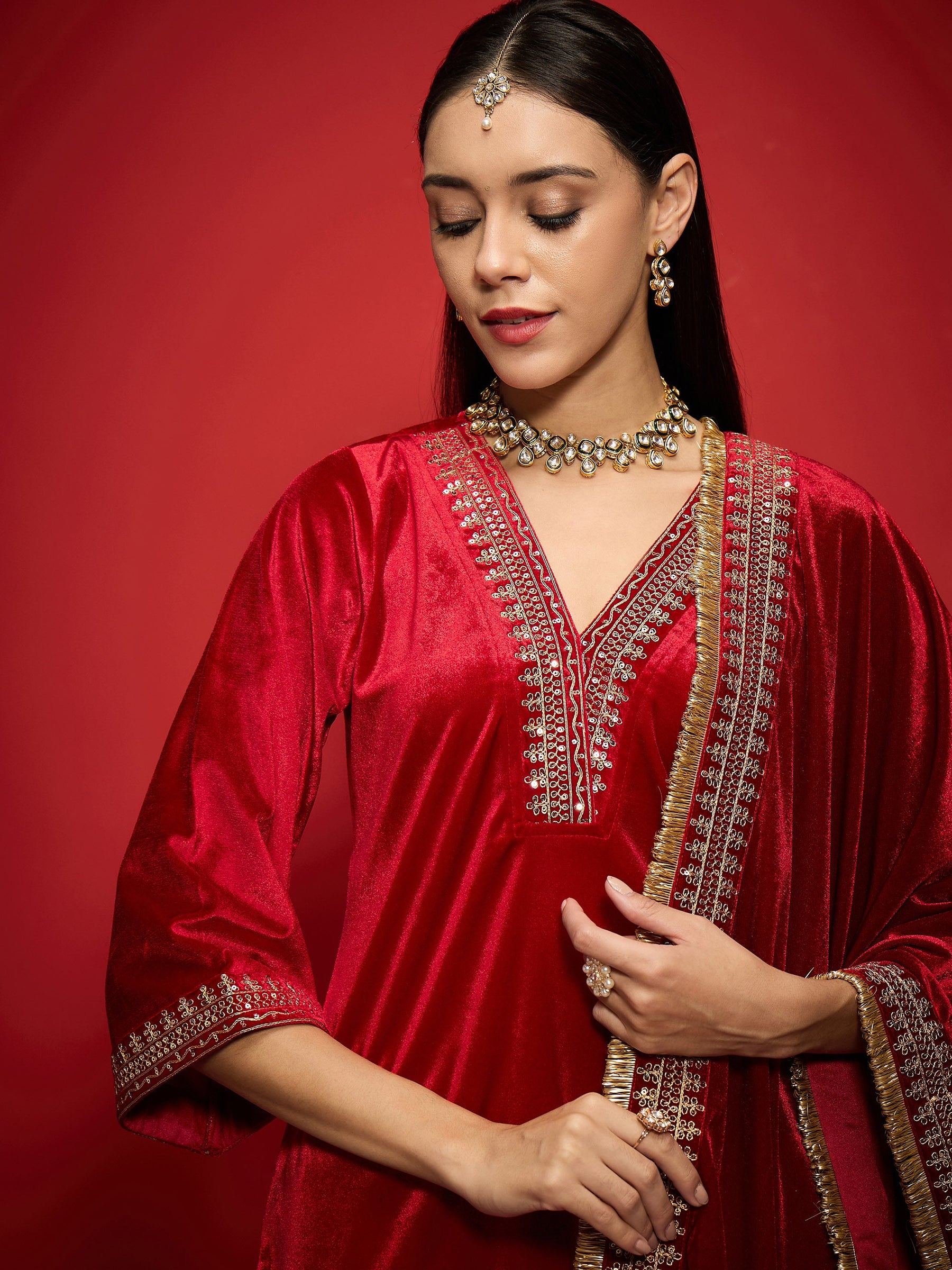 Red Velvet Embroidered V-Neck Short Kurta Set With Dushala -Shae by SASSAFRAS