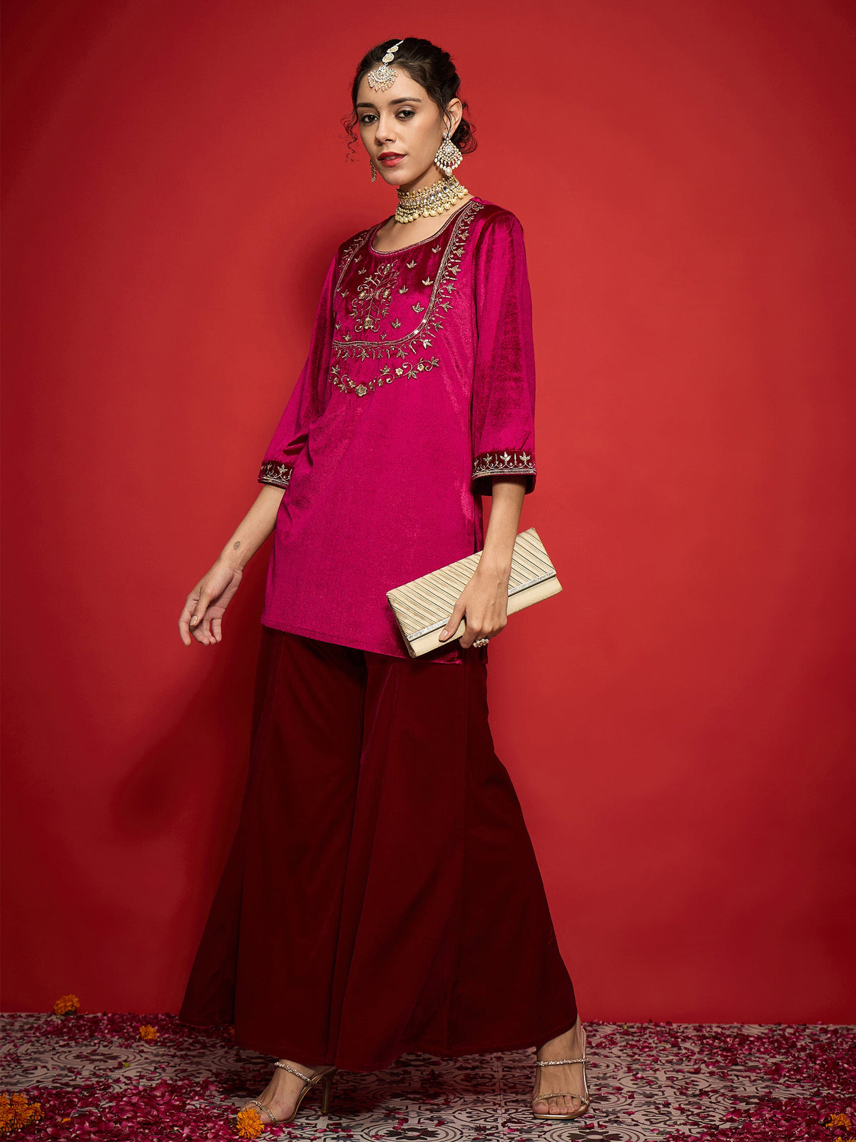 Fuchsia Velvet Yoke Emb Short Kurta With Palazzos-Shae by SASSAFRAS