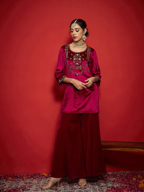 Fuchsia Velvet Yoke Emb Short Kurta With Palazzos-Shae by SASSAFRAS