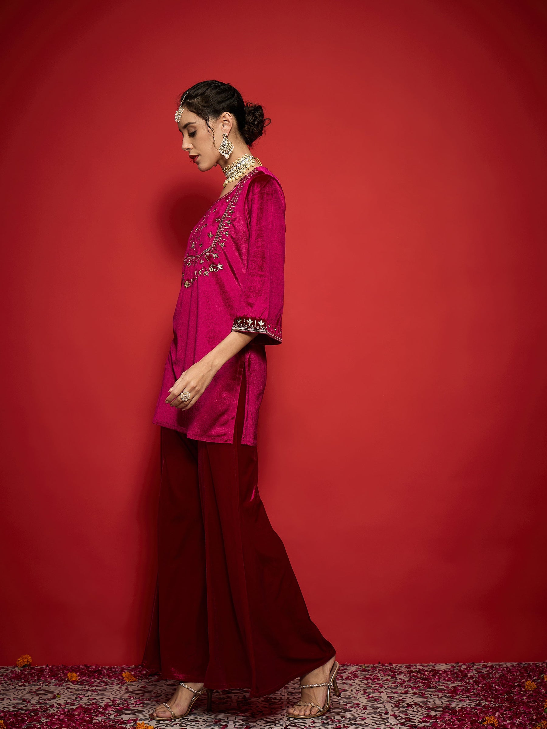 Fuchsia Velvet Yoke Emb Short Kurta With Palazzos-Shae by SASSAFRAS