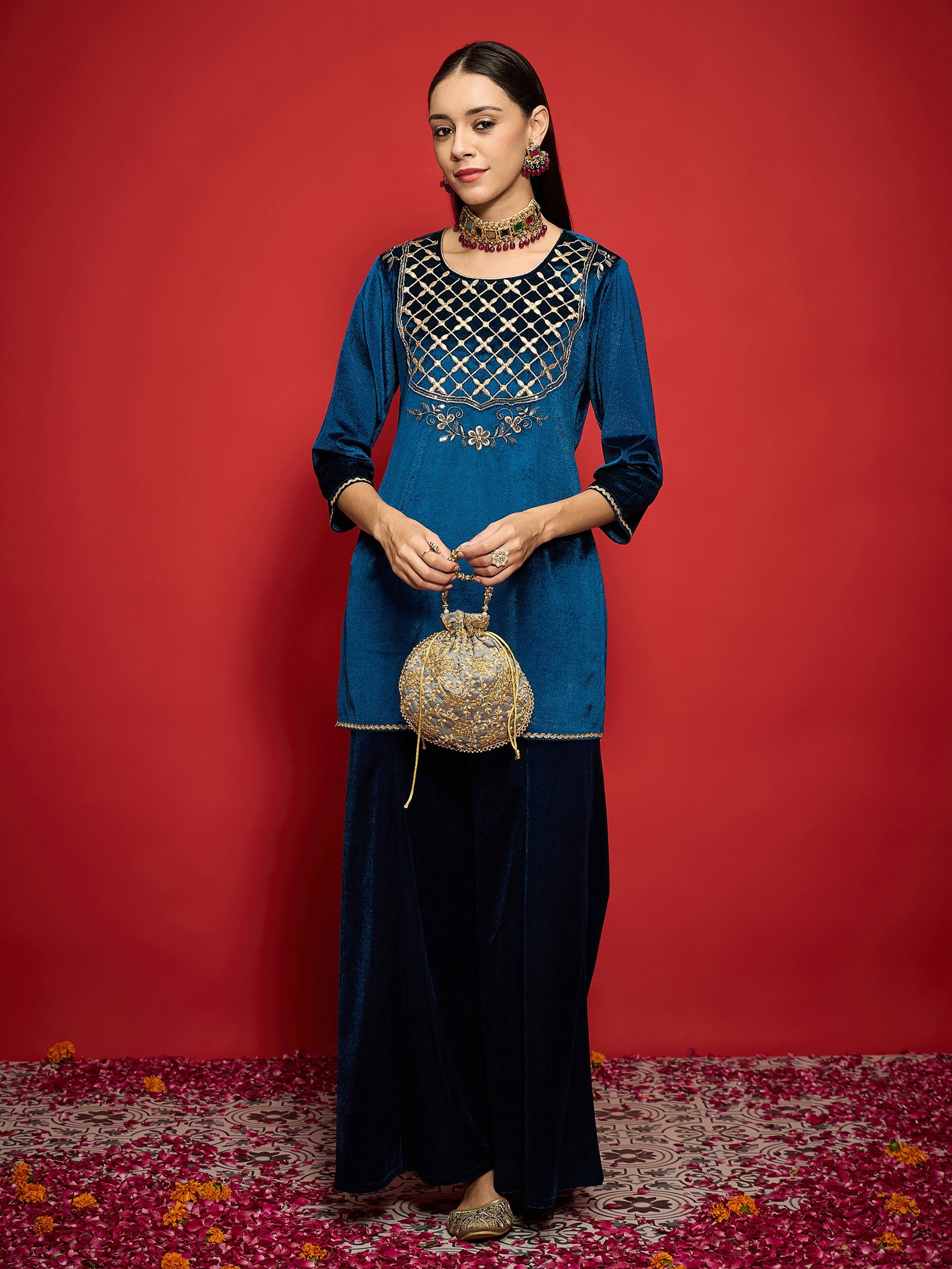 Teal Velvet Front Emb Short Kurta With Palazzos-Shae by SASSAFRAS