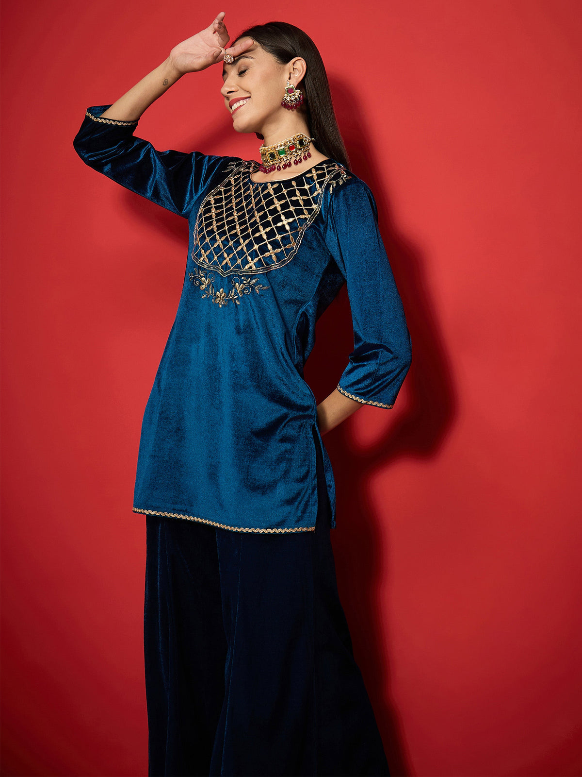 Teal Velvet Front Emb Short Kurta With Palazzos-Shae by SASSAFRAS