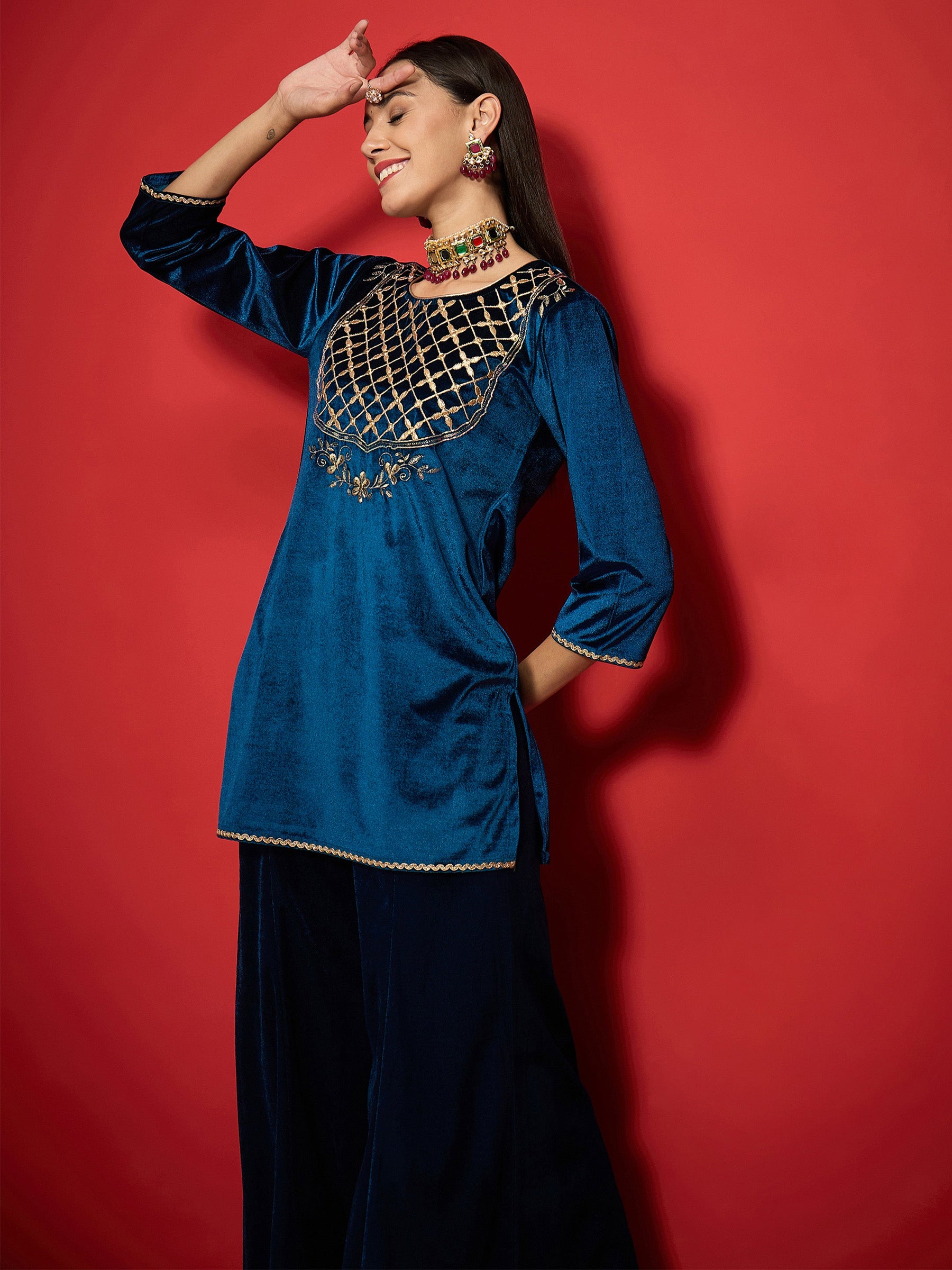 Teal Velvet Front Emb Short Kurta With Palazzos-Shae by SASSAFRAS