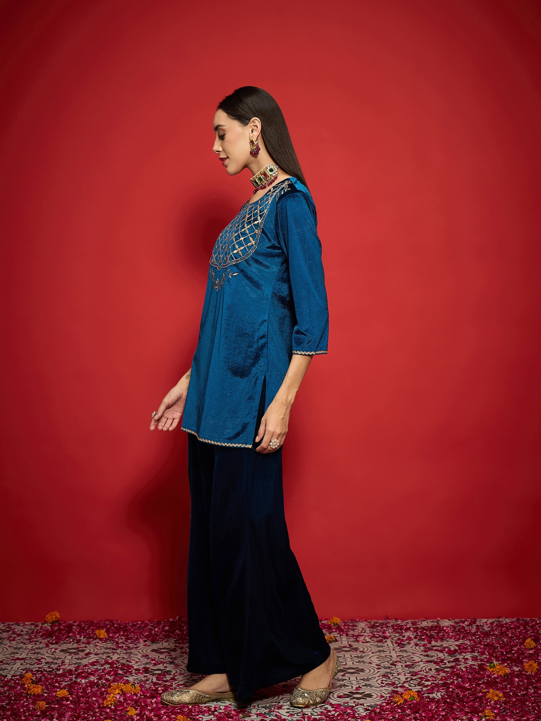 Teal Velvet Front Emb Short Kurta With Palazzos-Shae by SASSAFRAS