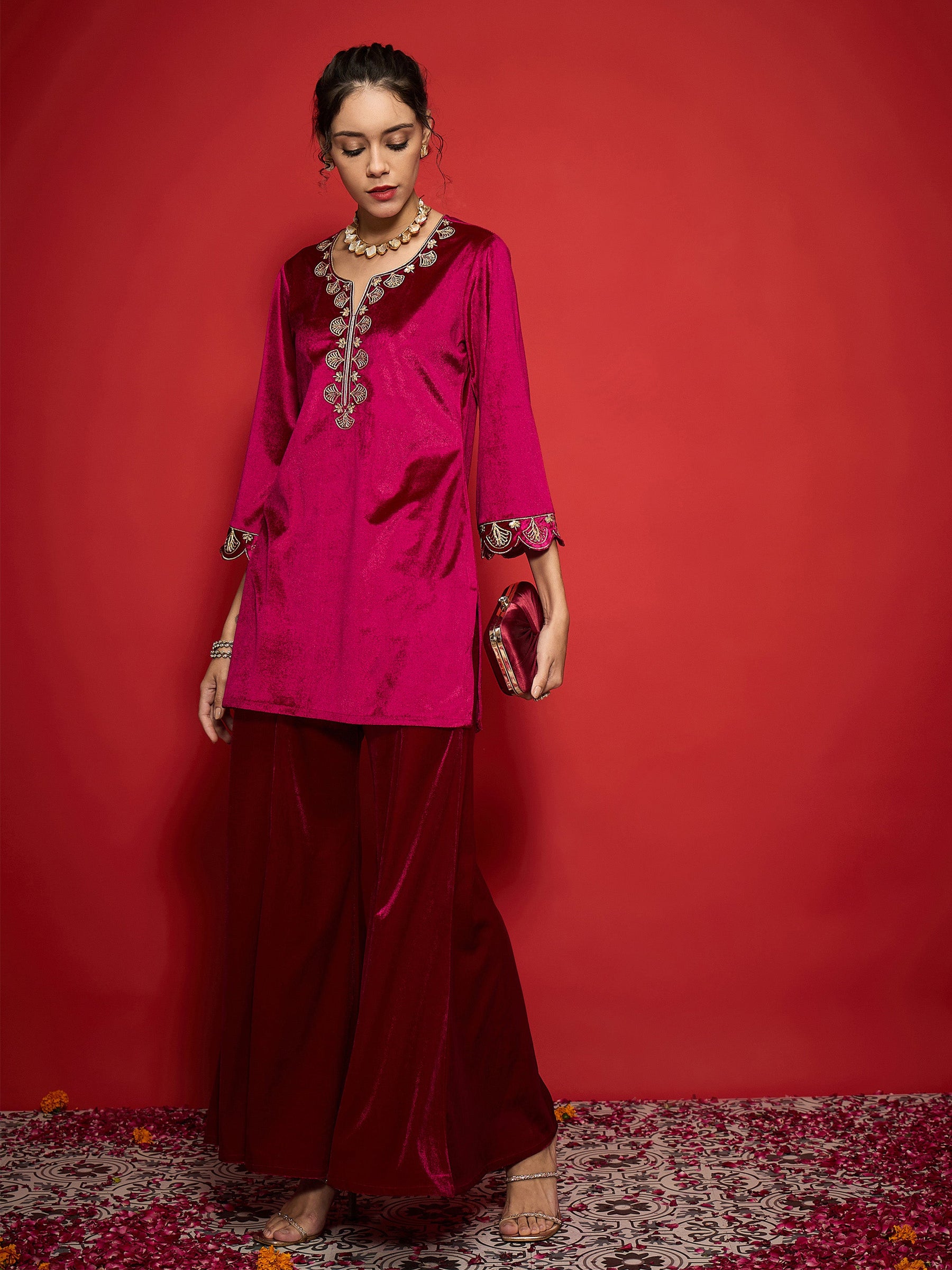 Fuchsia Velvet Placket Emb Short Kurta With Palazzos-Shae by SASSAFRAS