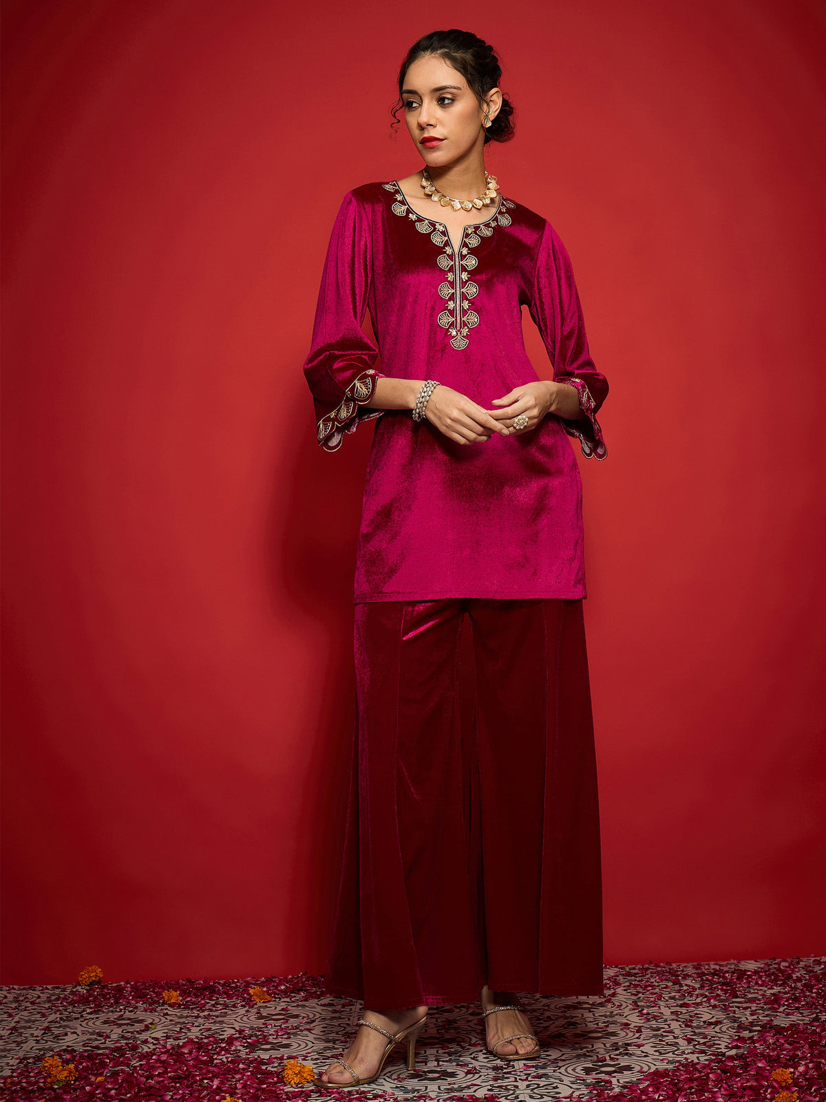 Fuchsia Velvet Placket Emb Short Kurta With Palazzos-Shae by SASSAFRAS