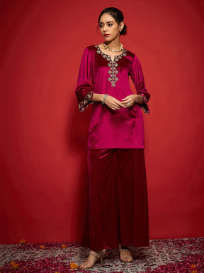 Fuchsia Velvet Placket Emb Short Kurta With Palazzos-Shae by SASSAFRAS