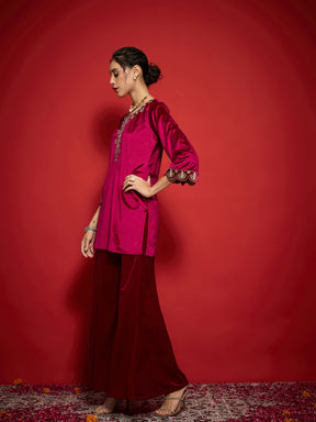 Fuchsia Velvet Placket Emb Short Kurta With Palazzos-Shae by SASSAFRAS