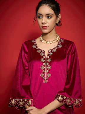 Fuchsia Velvet Placket Emb Short Kurta With Palazzos-Shae by SASSAFRAS