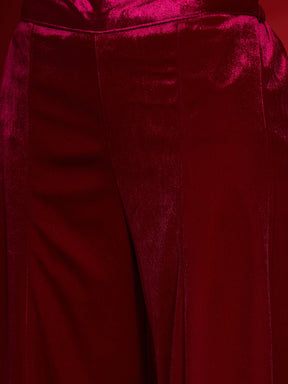 Fuchsia Velvet Placket Emb Short Kurta With Palazzos-Shae by SASSAFRAS