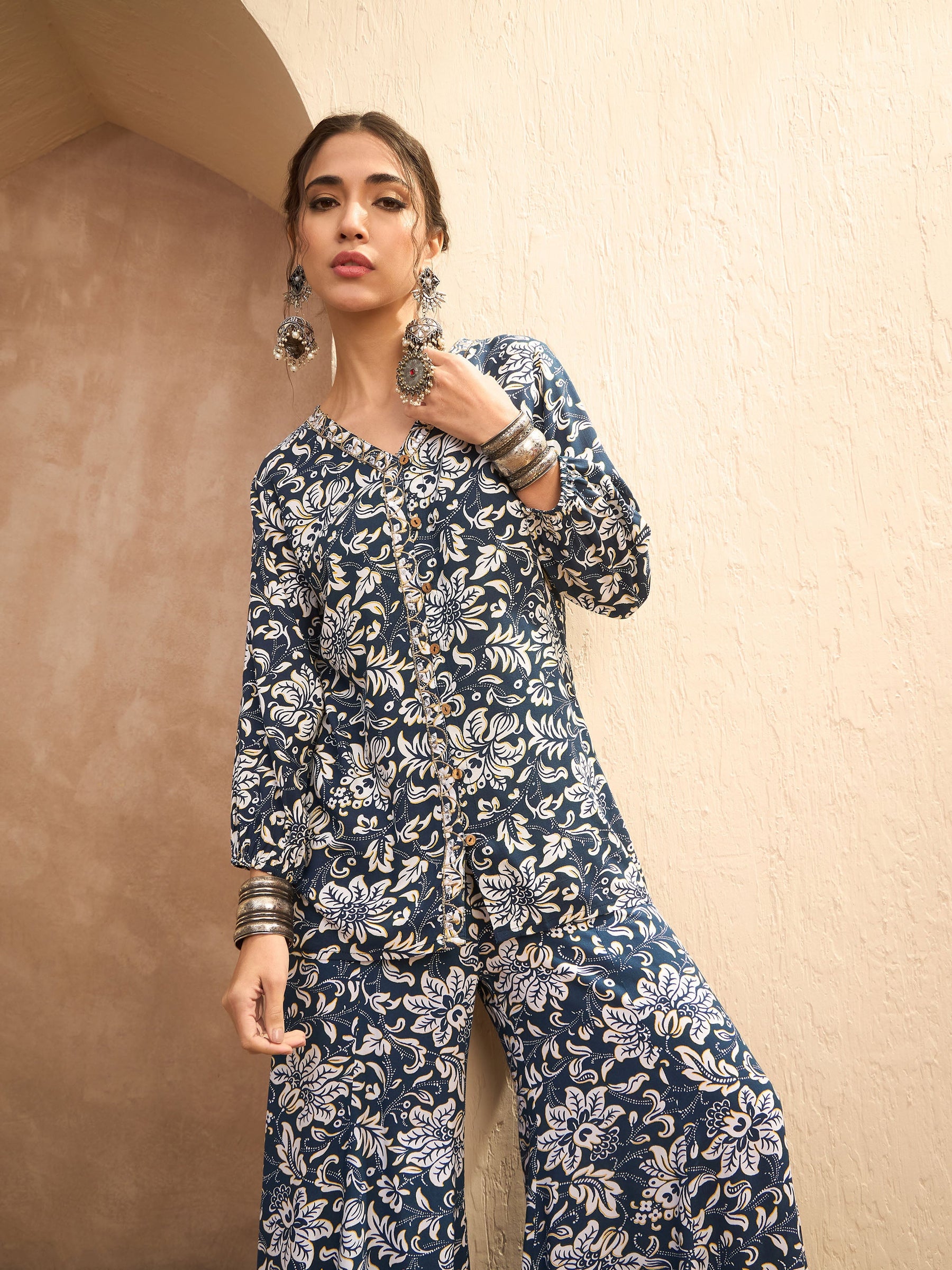 Blue & White Floral Shirt With Palazzos-Shae by SASSAFRAS