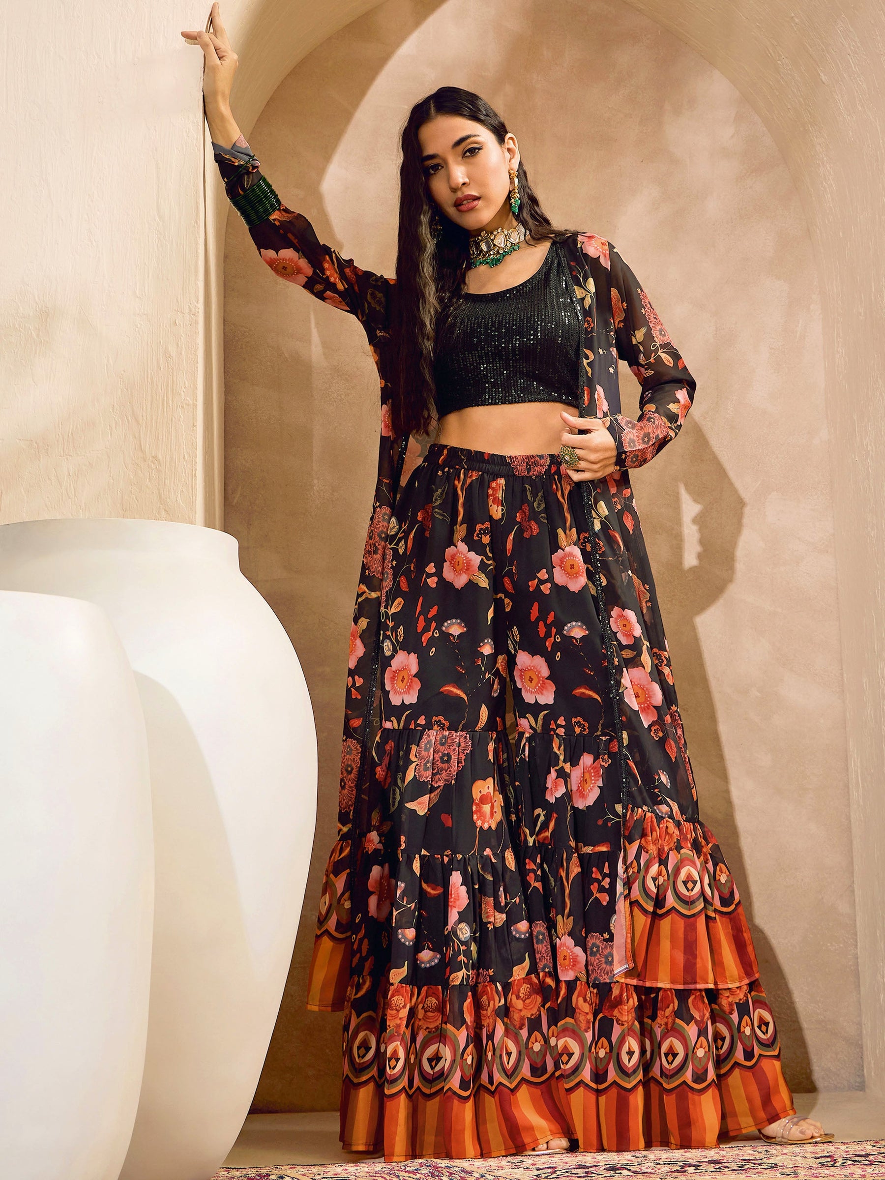 Black Sequins Crop Top With Floral Sharara And Shrug-Shae by SASSAFRAS