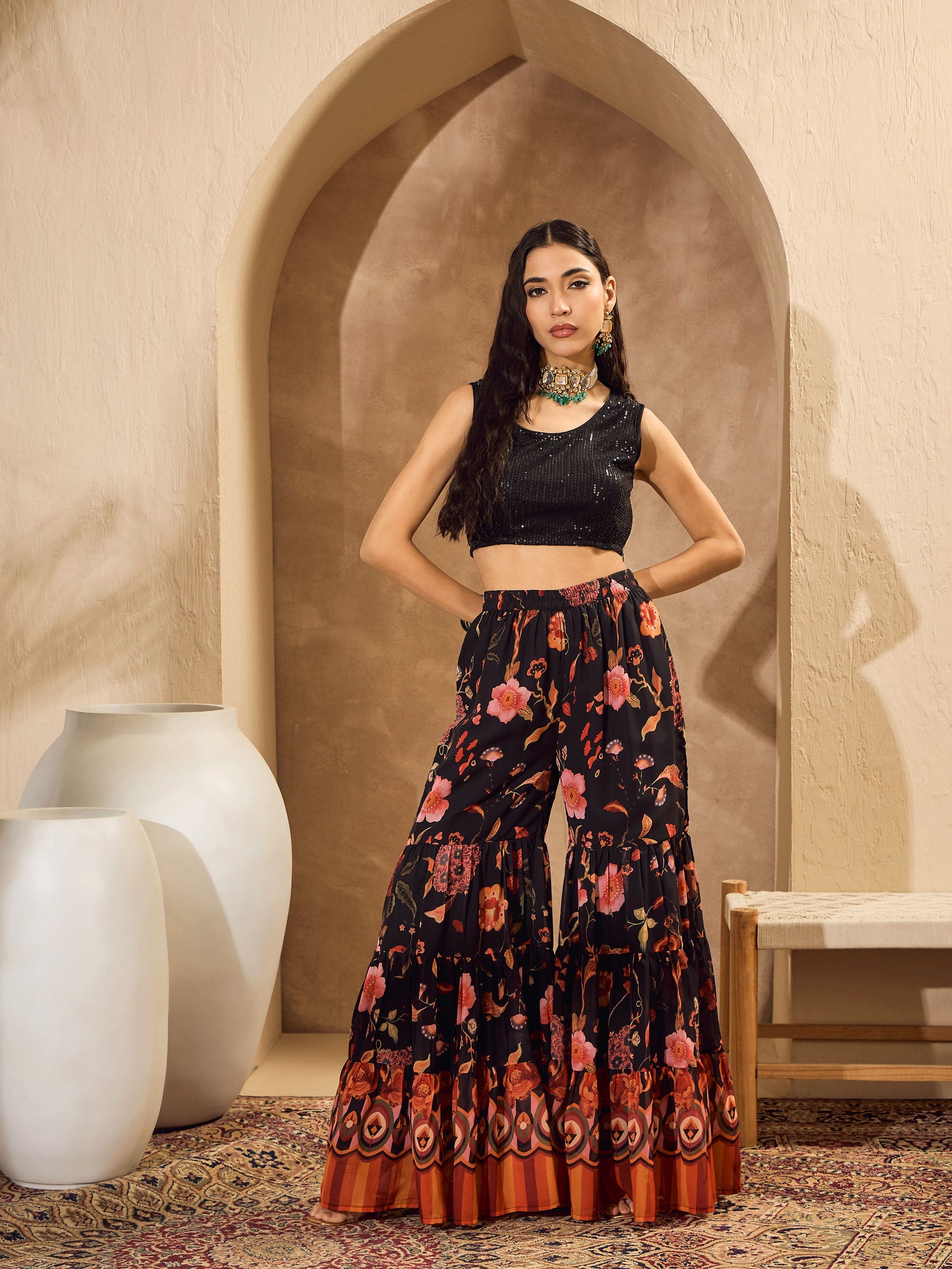 Black Sequins Crop Top With Floral Sharara And Shrug-Shae by SASSAFRAS