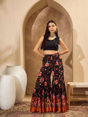 Black Sequins Crop Top With Floral Sharara And Shrug-Shae by SASSAFRAS