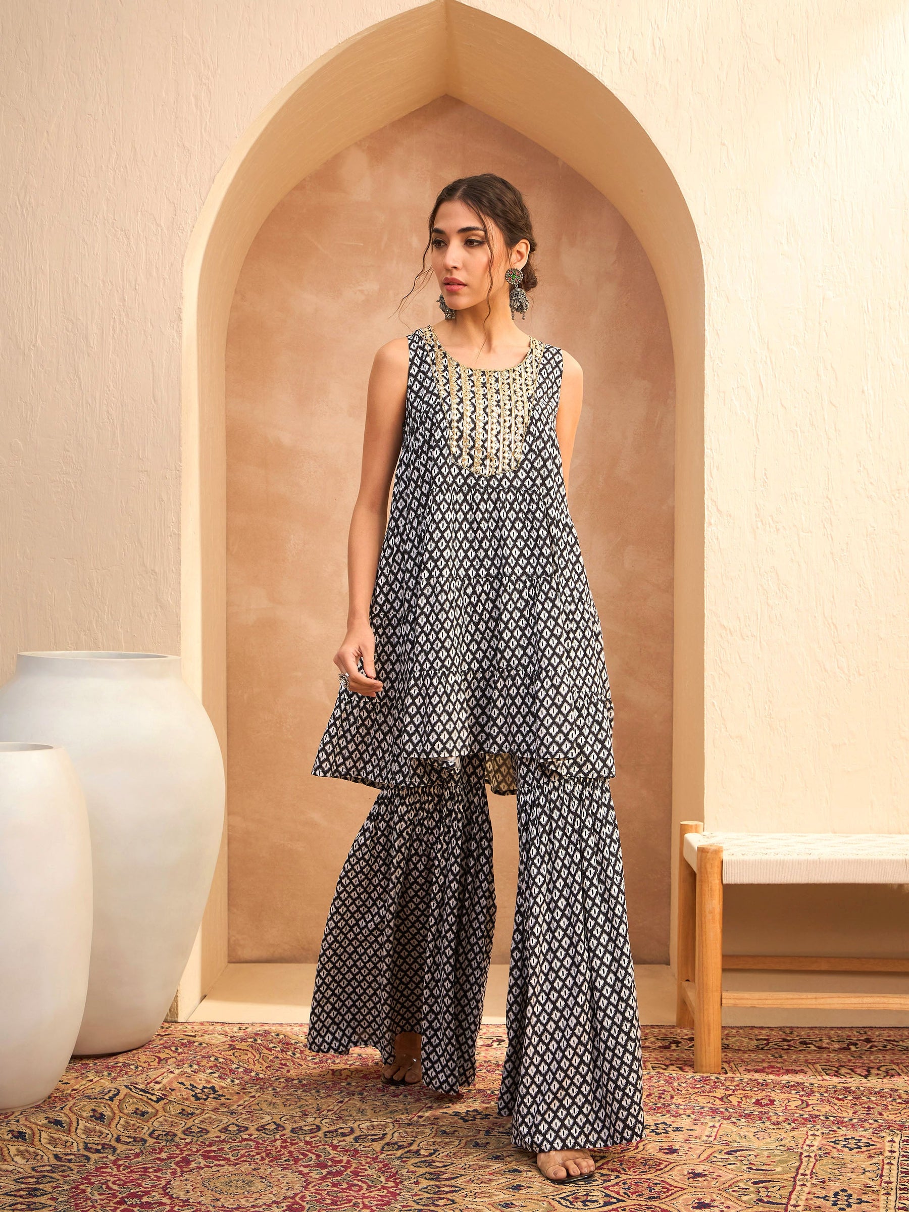 Black Printed Embroidered Kurta With Sharara-Shae by SASSAFRAS