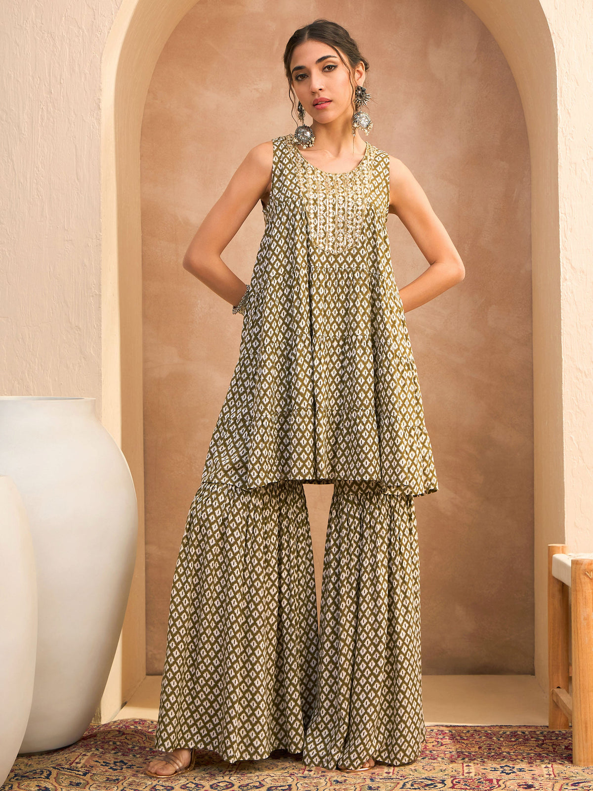 Olive Printed Embroidered Kurta With Sharara-Shae by SASSAFRAS