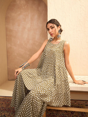 Olive Printed Embroidered Kurta With Sharara-Shae by SASSAFRAS