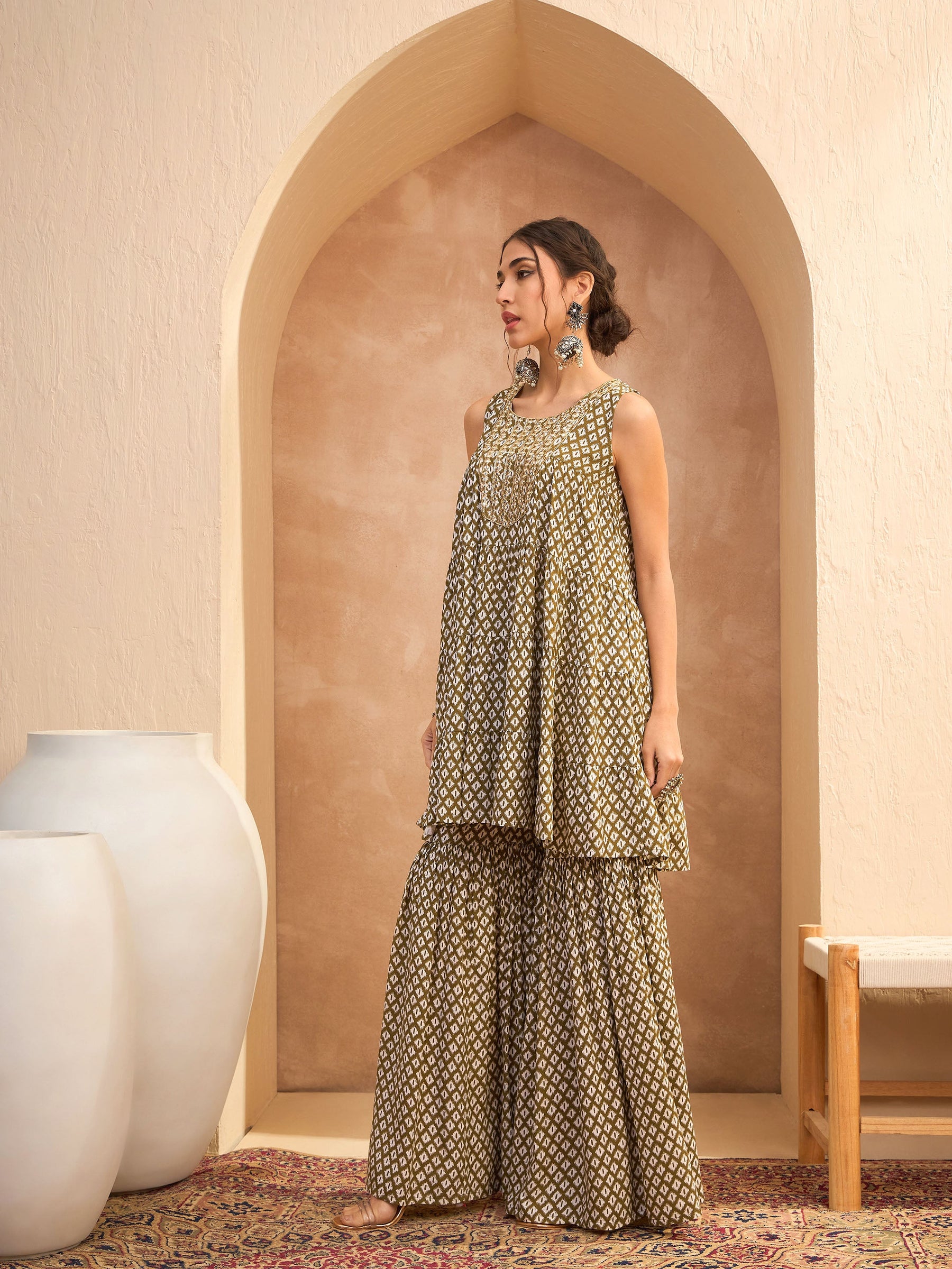 Olive Printed Embroidered Kurta With Sharara-Shae by SASSAFRAS