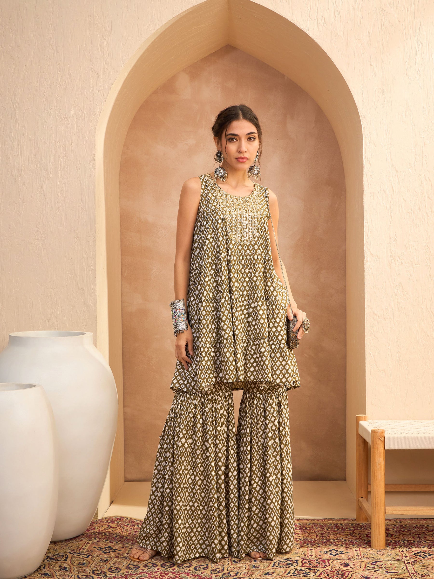 Olive Printed Embroidered Kurta With Sharara-Shae by SASSAFRAS