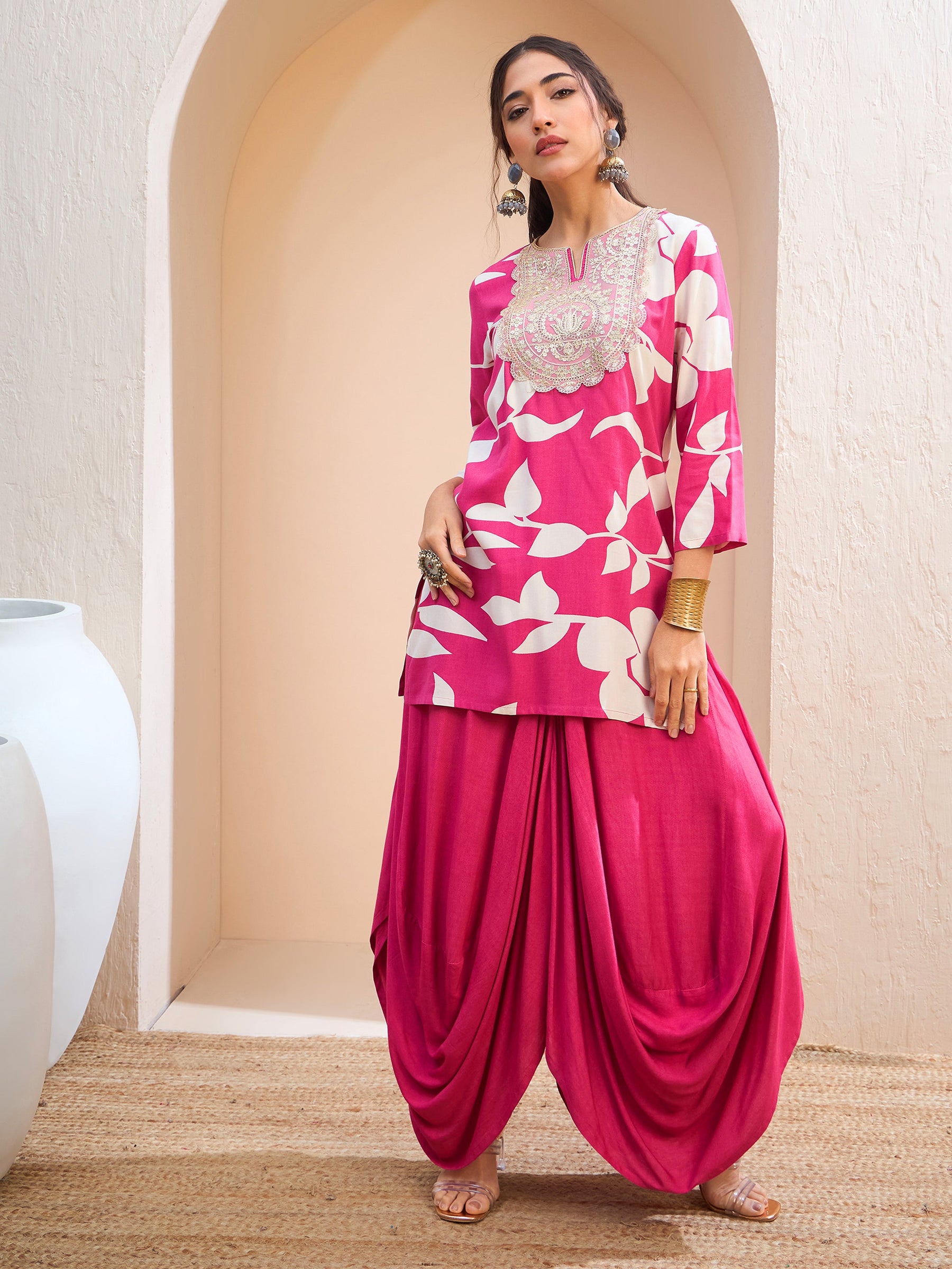 Pink Floral Embroidered Kurta With Dhoti Skirt-Shae by SASSAFRAS