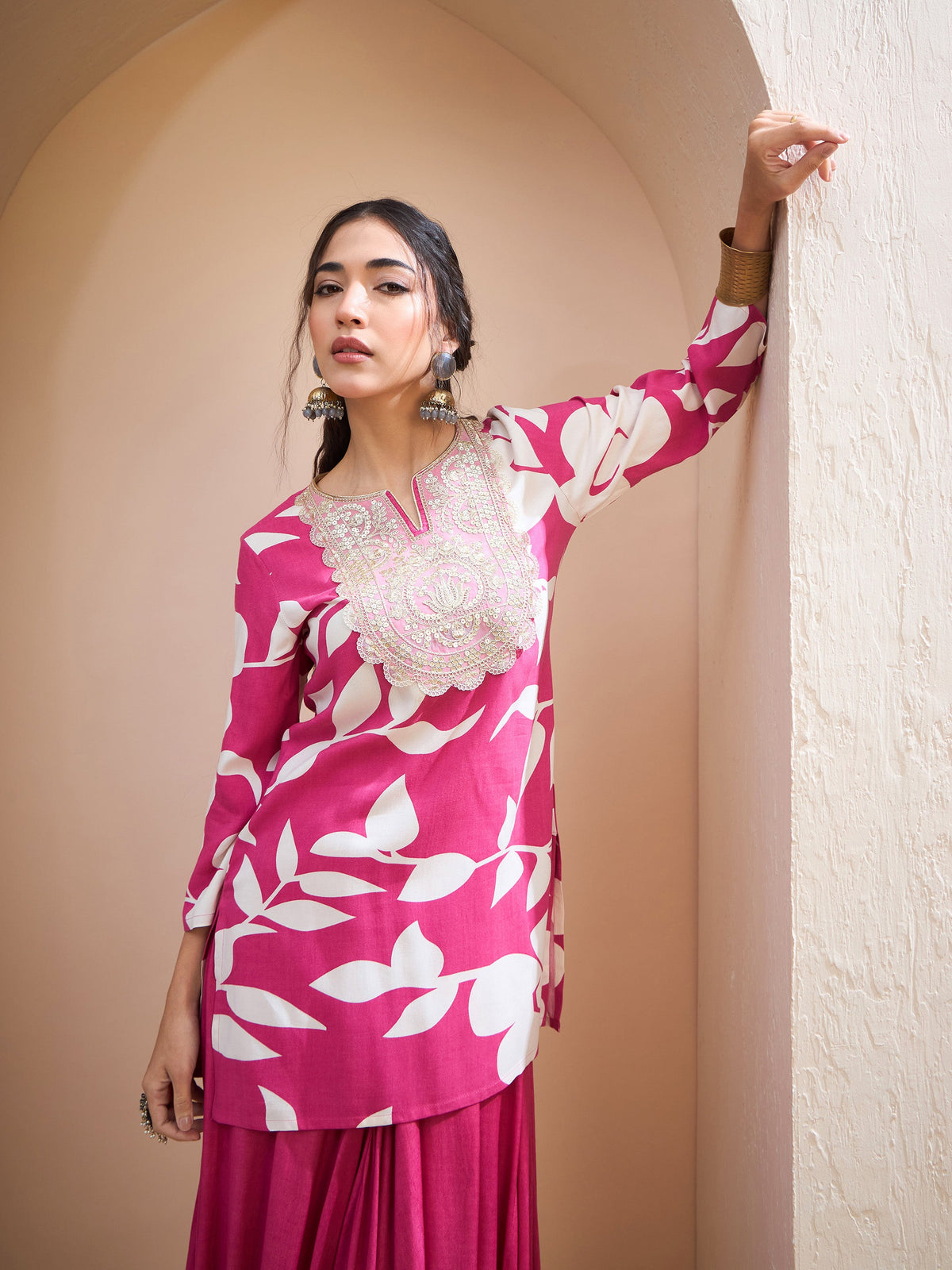 Pink Floral Embroidered Kurta With Dhoti Skirt-Shae by SASSAFRAS