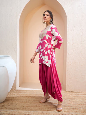 Pink Floral Embroidered Kurta With Dhoti Skirt-Shae by SASSAFRAS