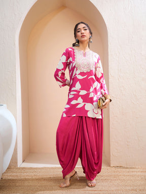 Pink Floral Embroidered Kurta With Dhoti Skirt-Shae by SASSAFRAS