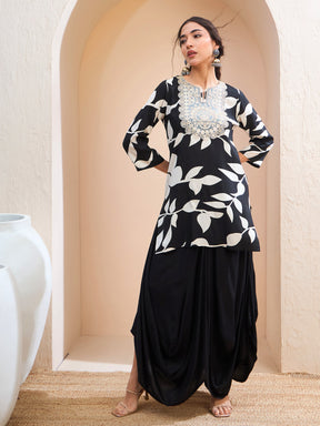 Black Floral Embroidered Kurta With Dhoti Skirt-Shae by SASSAFRAS