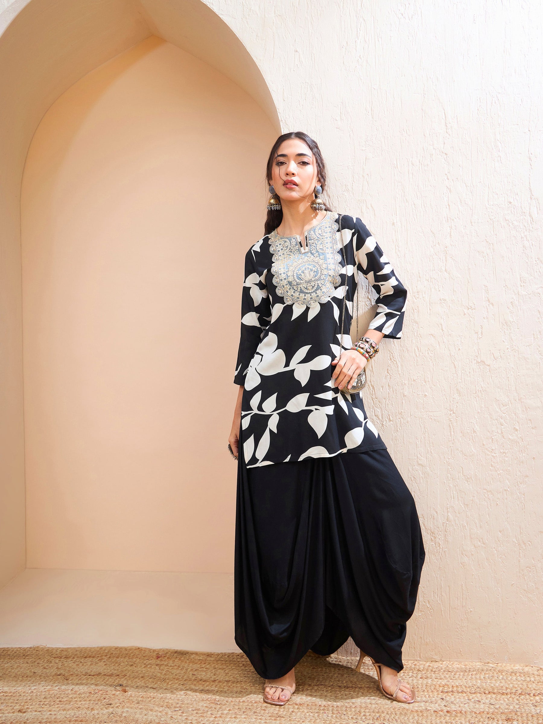 Black Floral Embroidered Kurta With Dhoti Skirt-Shae by SASSAFRAS