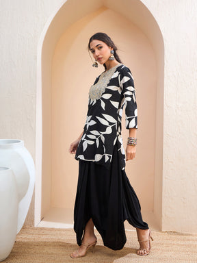 Black Floral Embroidered Kurta With Dhoti Skirt-Shae by SASSAFRAS