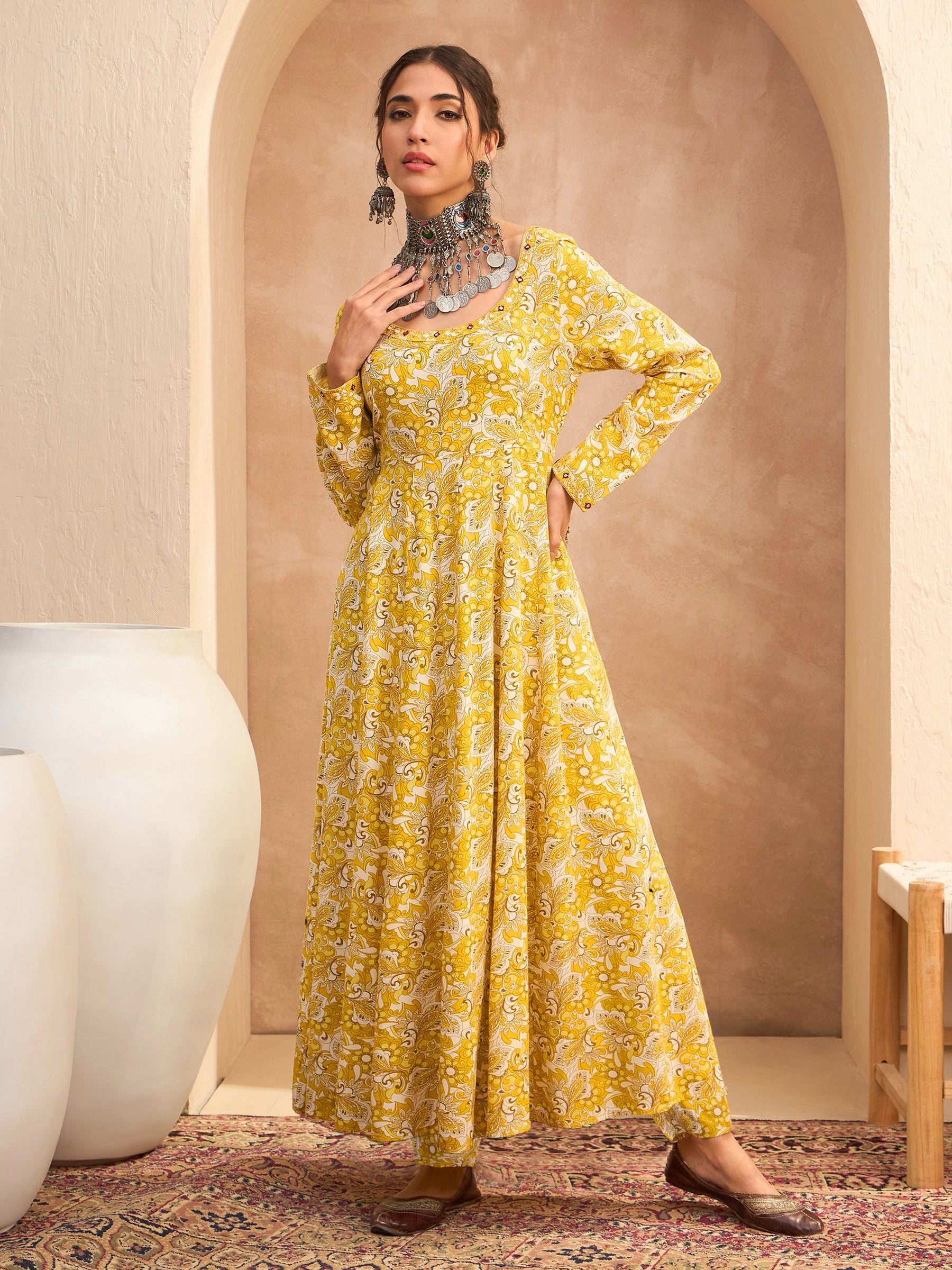 Yellow Floral Anarkali Kurta With Pencil Pants-Shae by SASSAFRAS